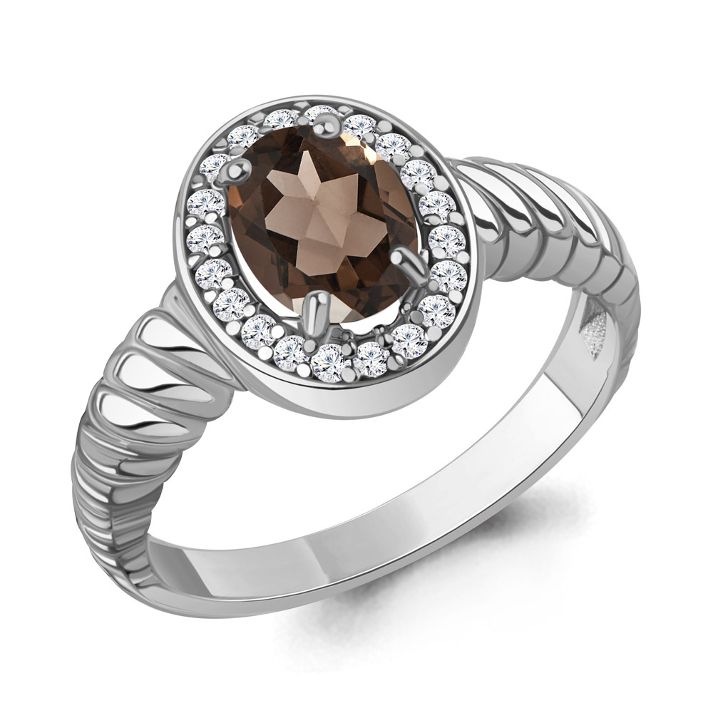65019701А Кольцо из Серебра с кварцем дымчатым, фианитами