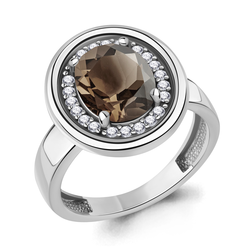 65019901А Кольцо из Серебра с кварцем дымчатым, фианитами