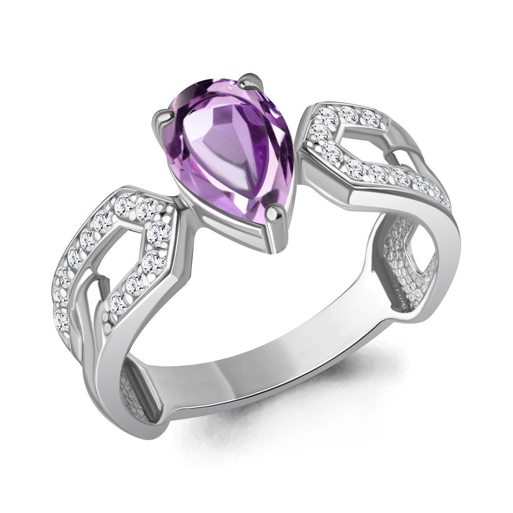 65022104А Кольцо из Серебра с аметистом, фианитами
