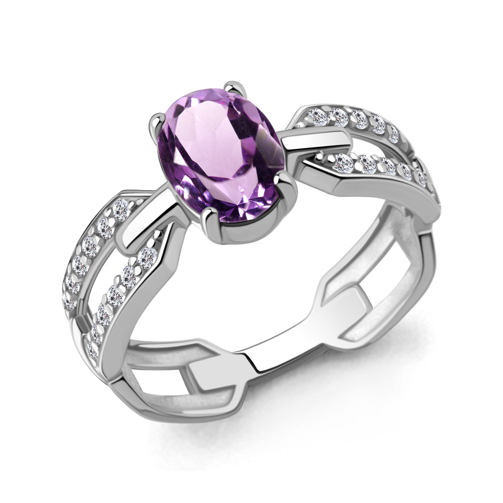 65022604А Кольцо из Серебра с аметистом, фианитами