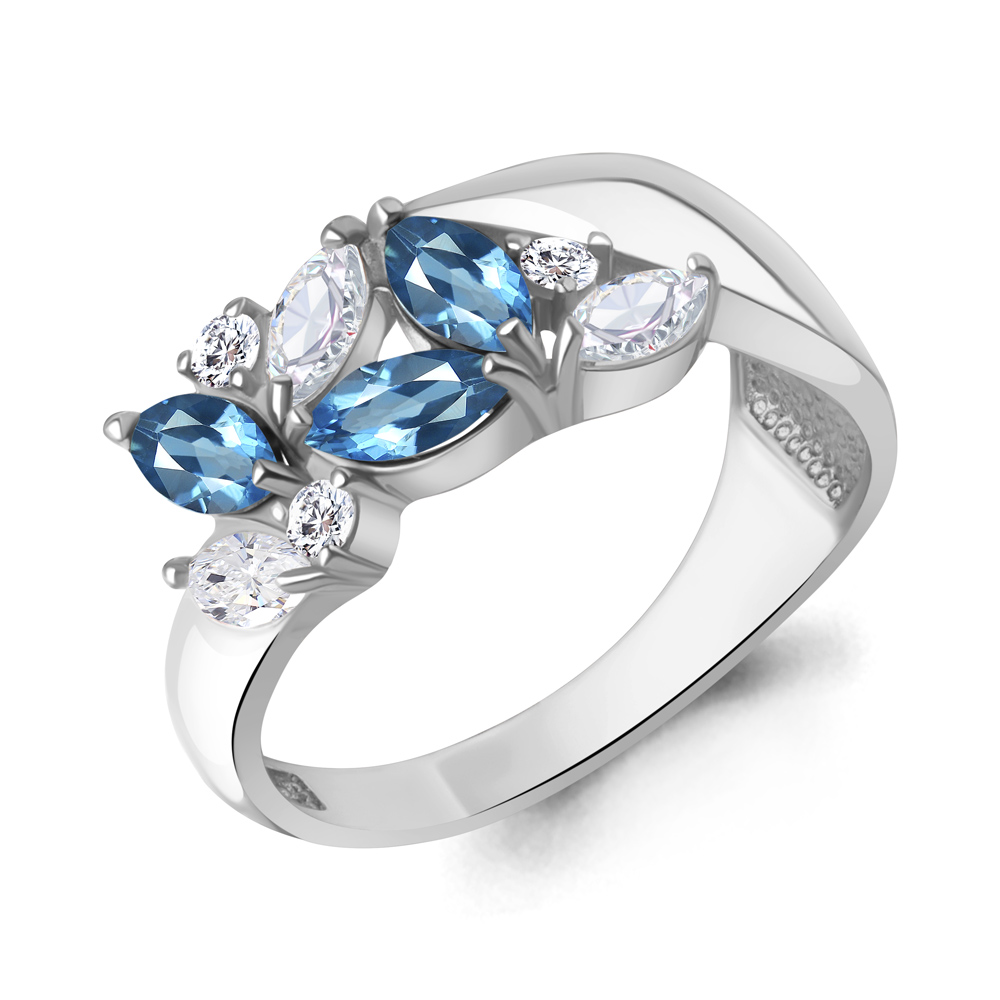 65022805А Кольцо из Серебра с топазами свисс блю, фианитами