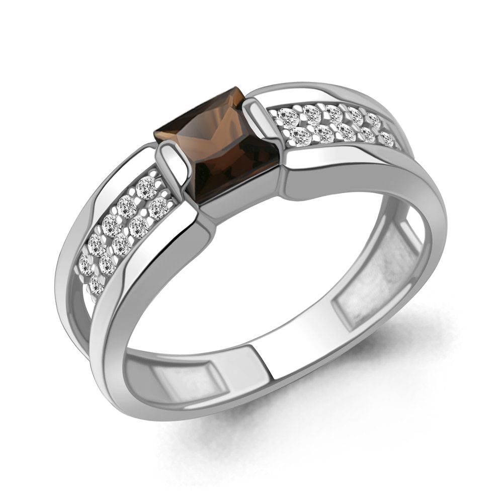 65023001А Кольцо из Серебра с кварцем дымчатым, фианитами