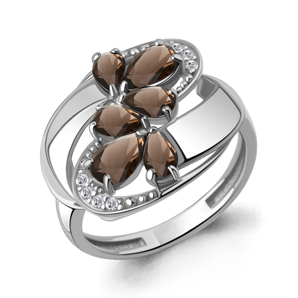 65023201А Кольцо из Серебра с кварцами дымчатыми, фианитами