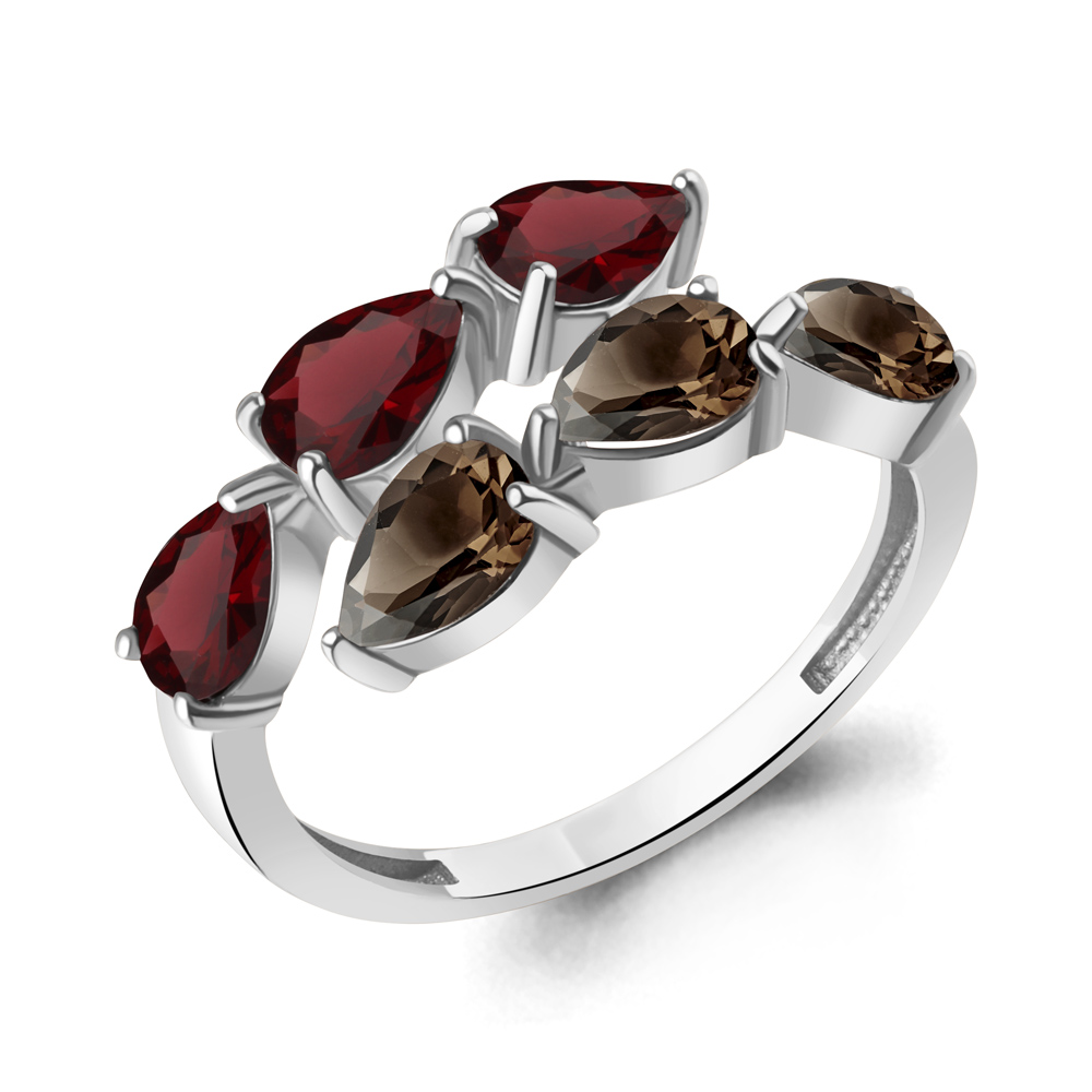 65024036 Кольцо из Серебра с гранатами, кварцами дымчатыми