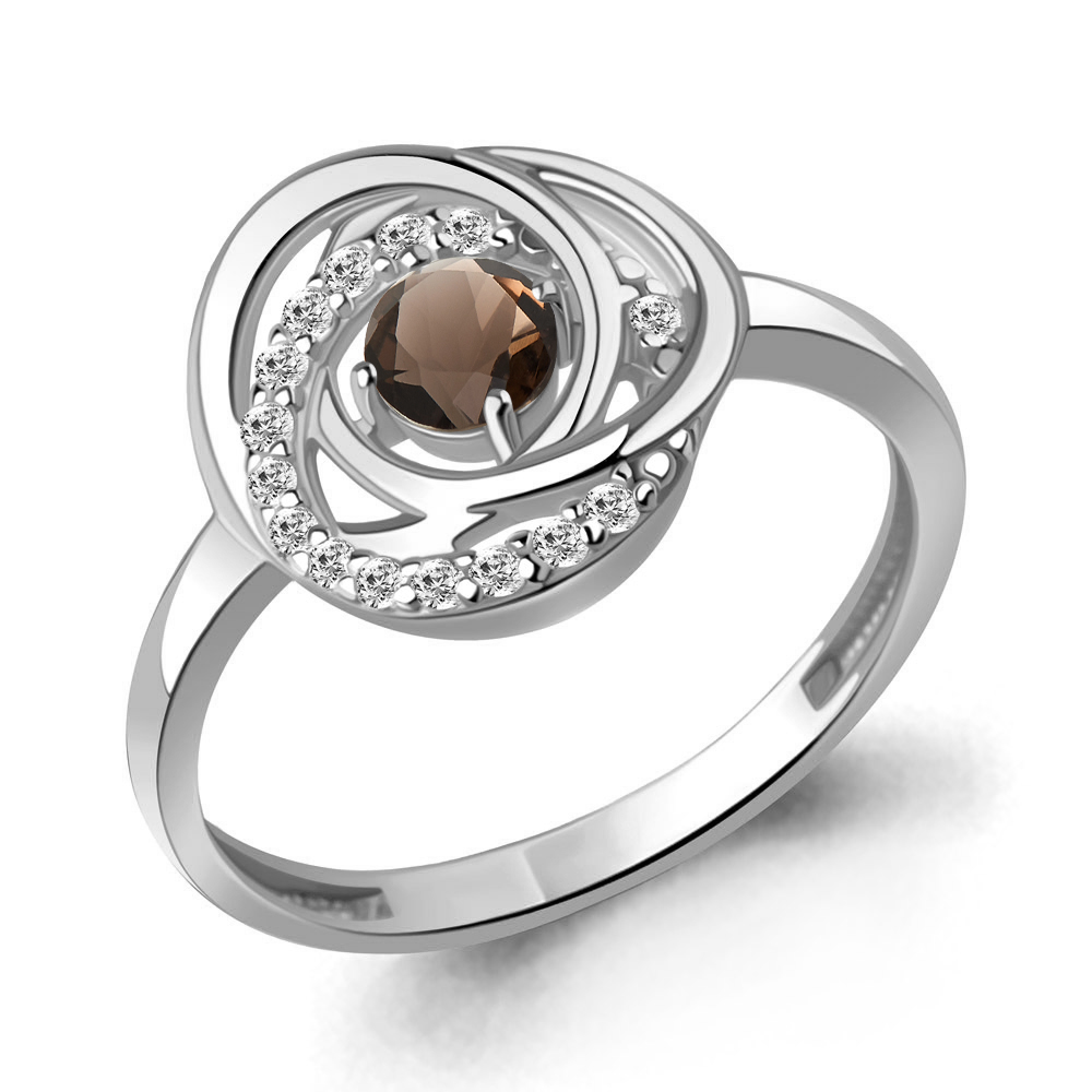 65024401А Кольцо из Серебра с кварцем дымчатым, фианитами