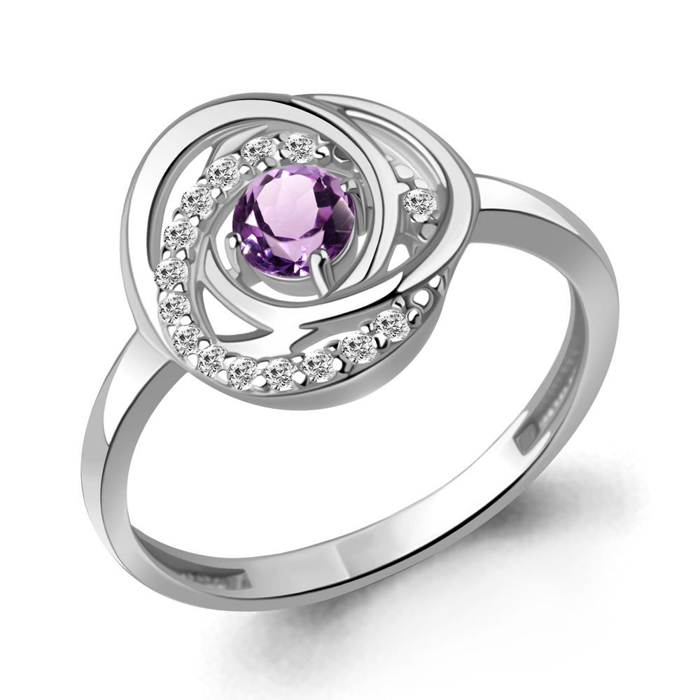 65024404А Кольцо из Серебра с аметистом, фианитами