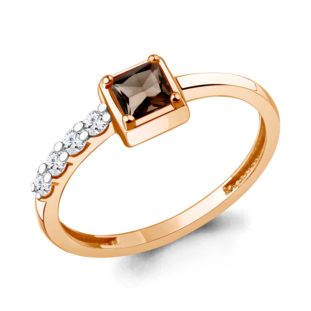 65028801А Кольцо из Золота с кварцем дымчатым, фианитами