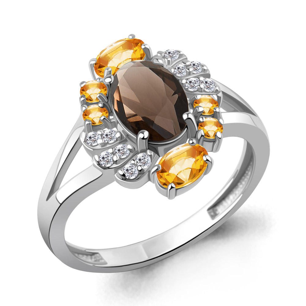 65030835А Кольцо из Серебра с кварцем дымчатым, фианитами, цитринами