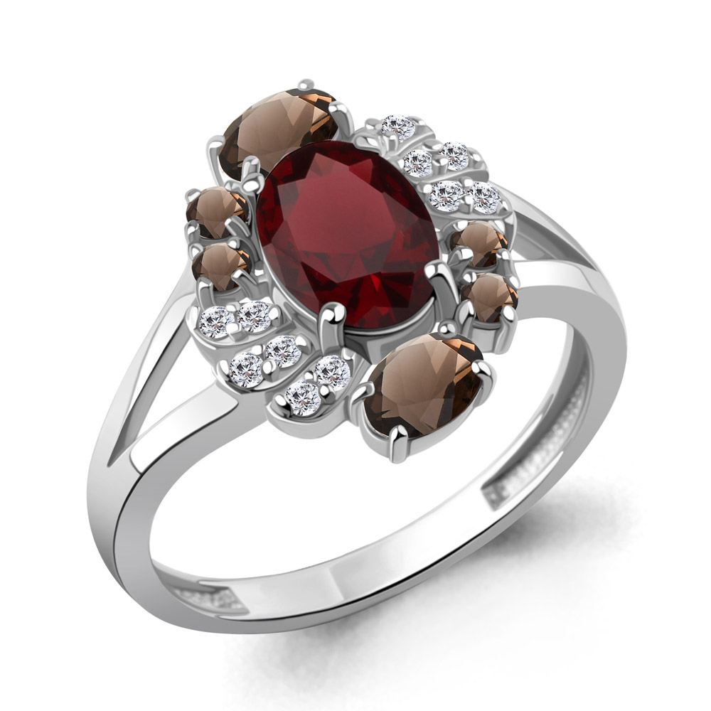 65030836А Кольцо из Серебра с гранатом, кварцами дымчатыми, фианитами