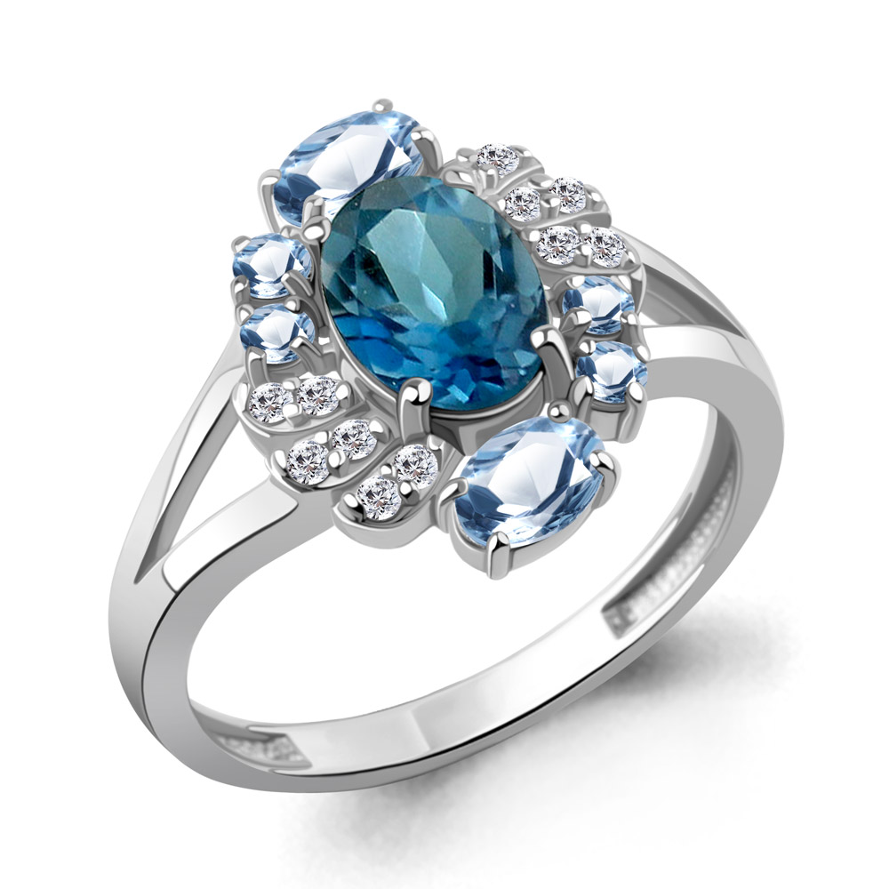 65030862А Кольцо из Серебра с топазом лондон блю, топазами свисс блю, фианитами