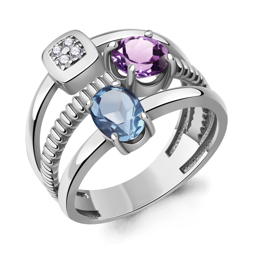 65032130А Кольцо из Серебра с аметистом, топазом свисс блю, фианитами