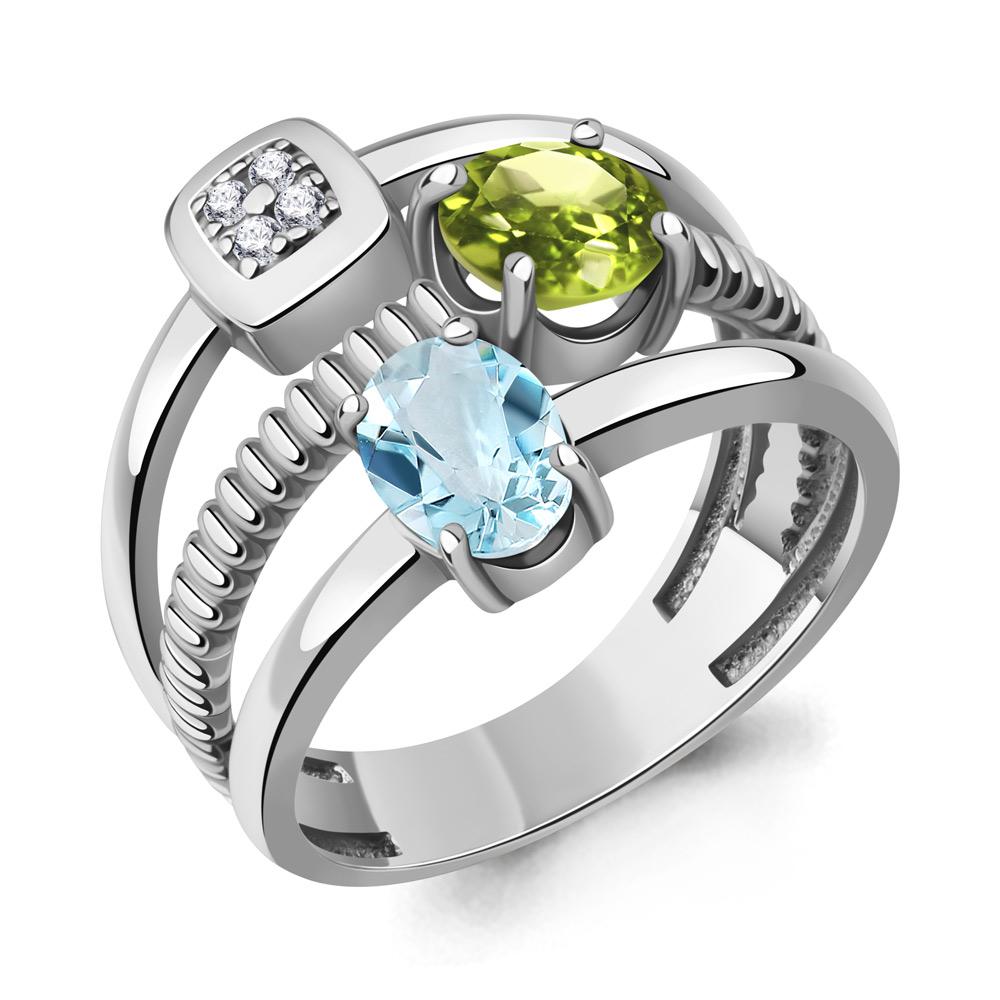 65032131А Кольцо из Серебра с топазом скай блю, фианитами, хризолитом