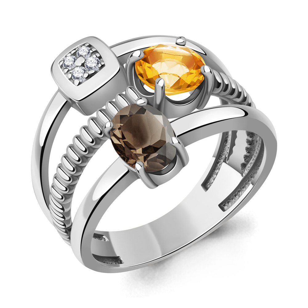 65032135А Кольцо из Серебра с кварцем дымчатым, фианитами, цитрином
