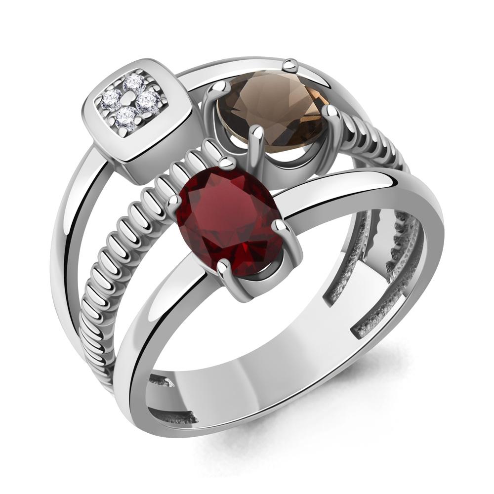 65032136А Кольцо из Серебра с гранатом, кварцем дымчатым, фианитами