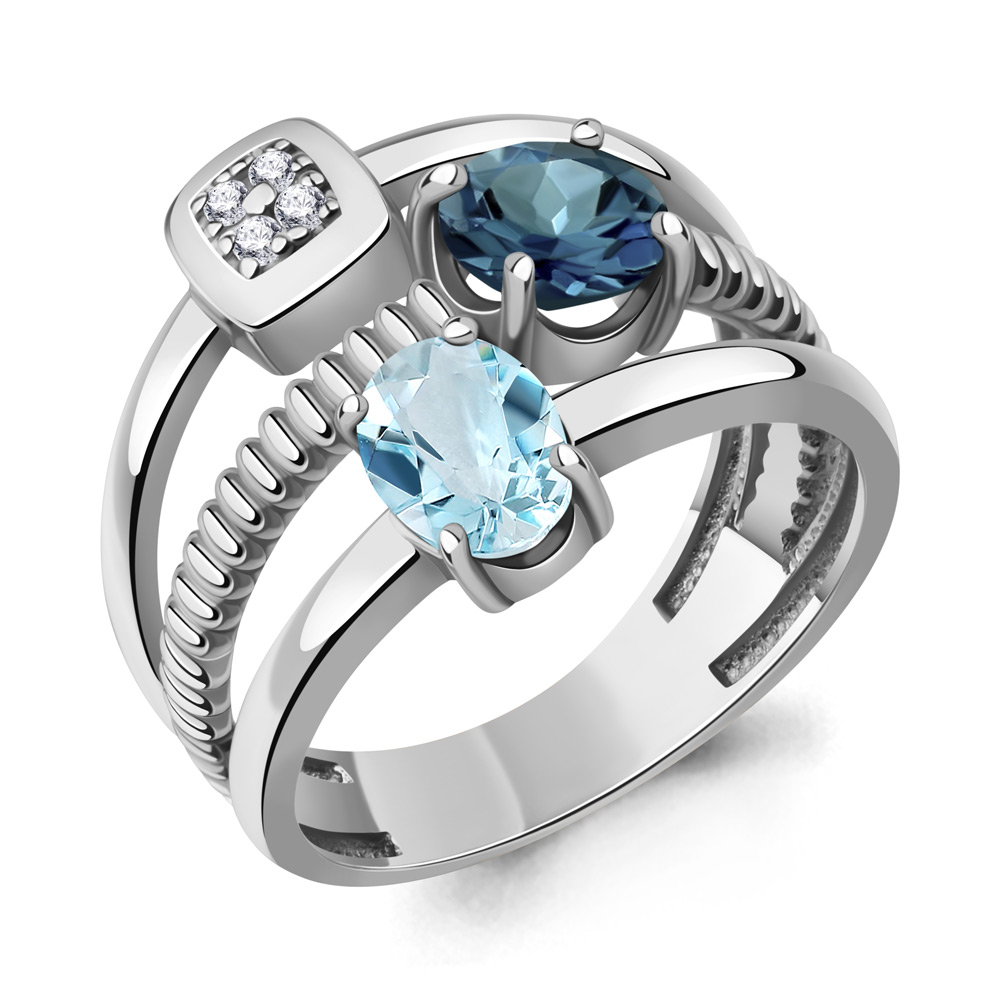 650321600А Кольцо из Серебра с топазом лондон блю, топазом скай блю, фианитами