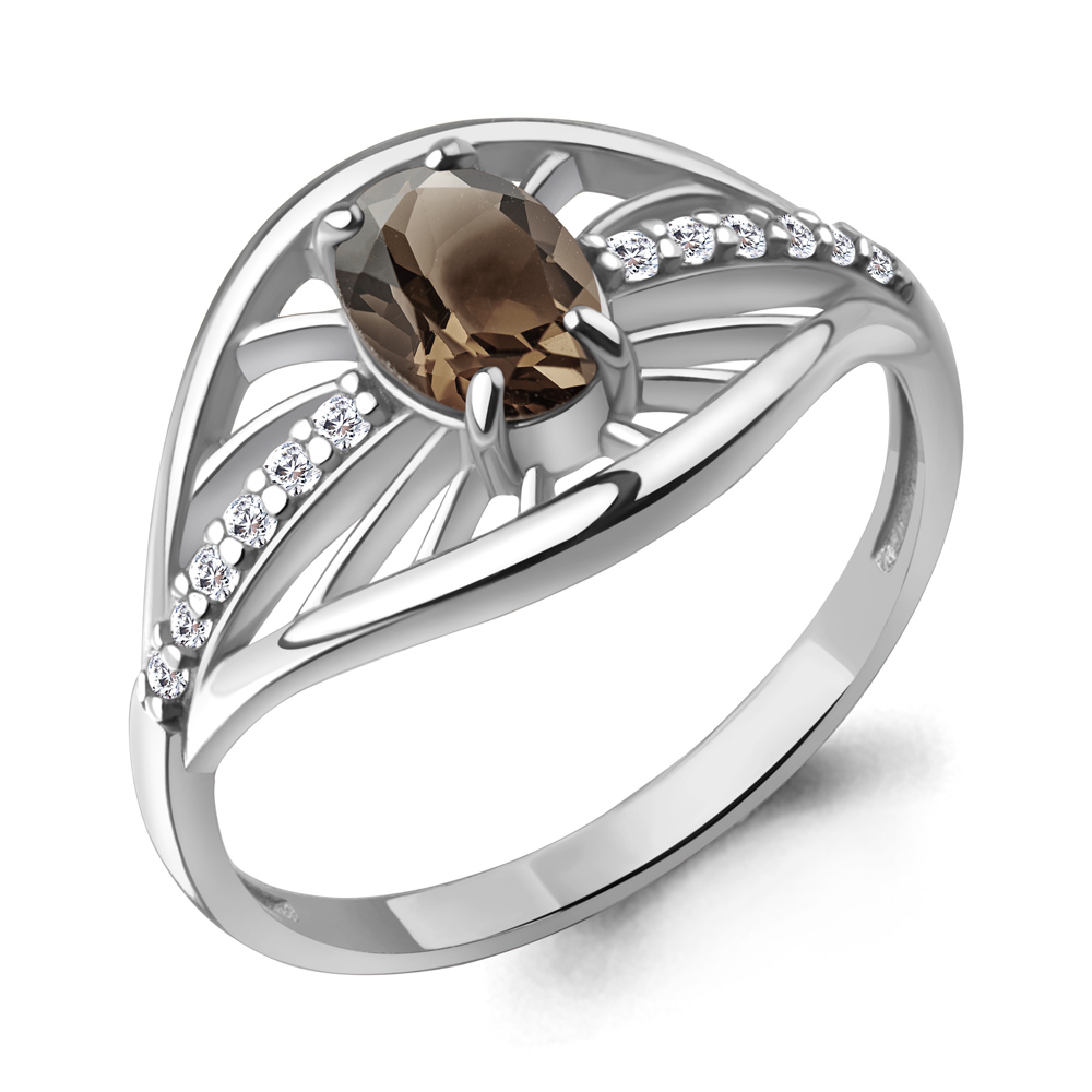 65032301А Кольцо из Серебра с кварцем дымчатым, фианитами