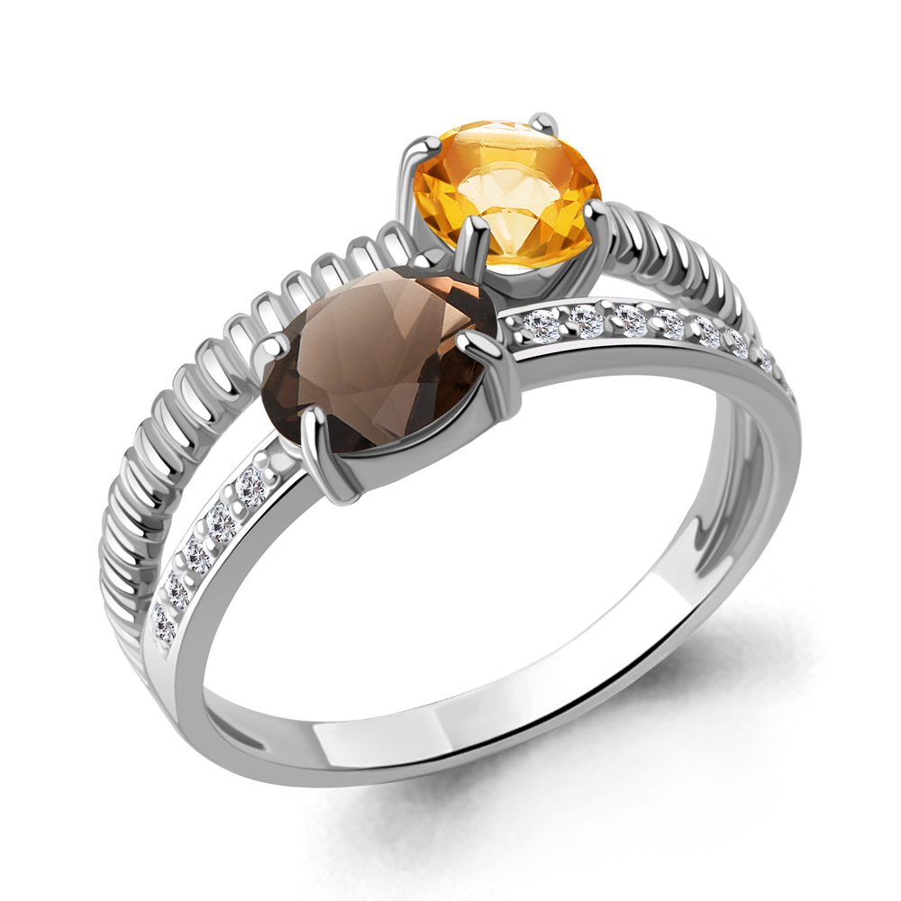 65032635А Кольцо из Серебра с кварцем дымчатым, фианитами, цитрином