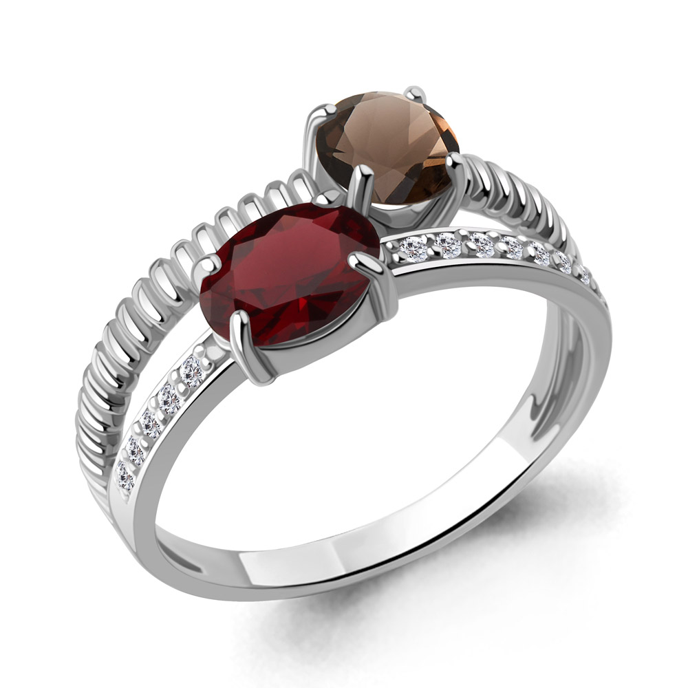 65032636А Кольцо из Серебра с гранатом, кварцем дымчатым, фианитами