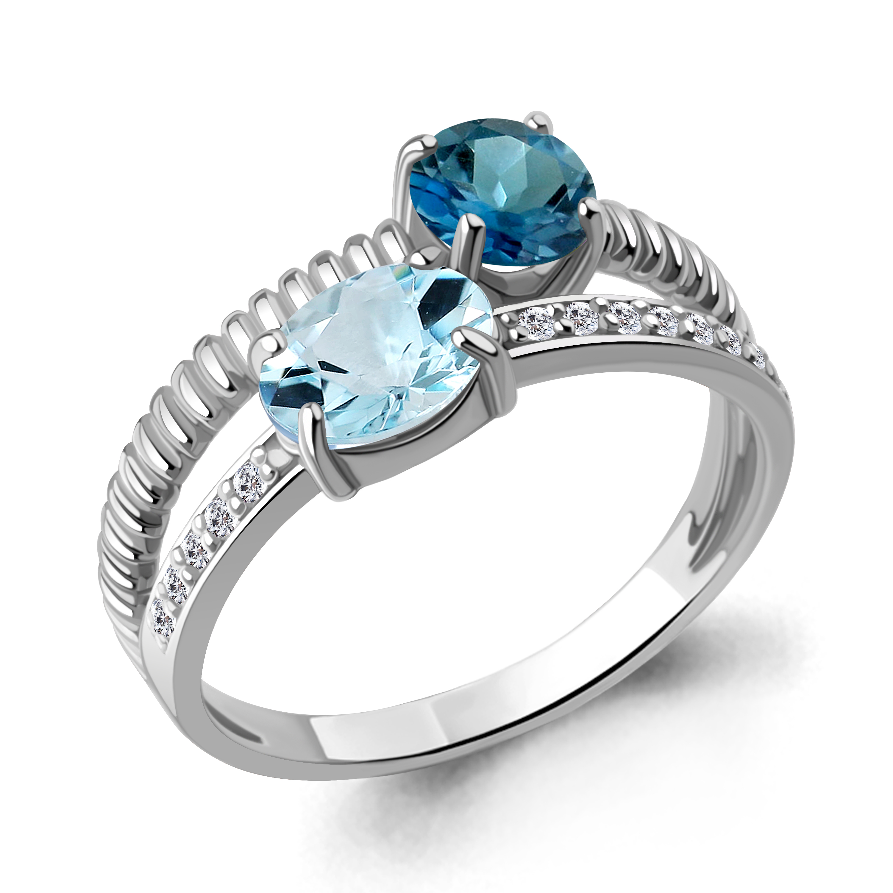 650326600А Кольцо из Серебра с топазом лондон блю, топазом скай блю, фианитами