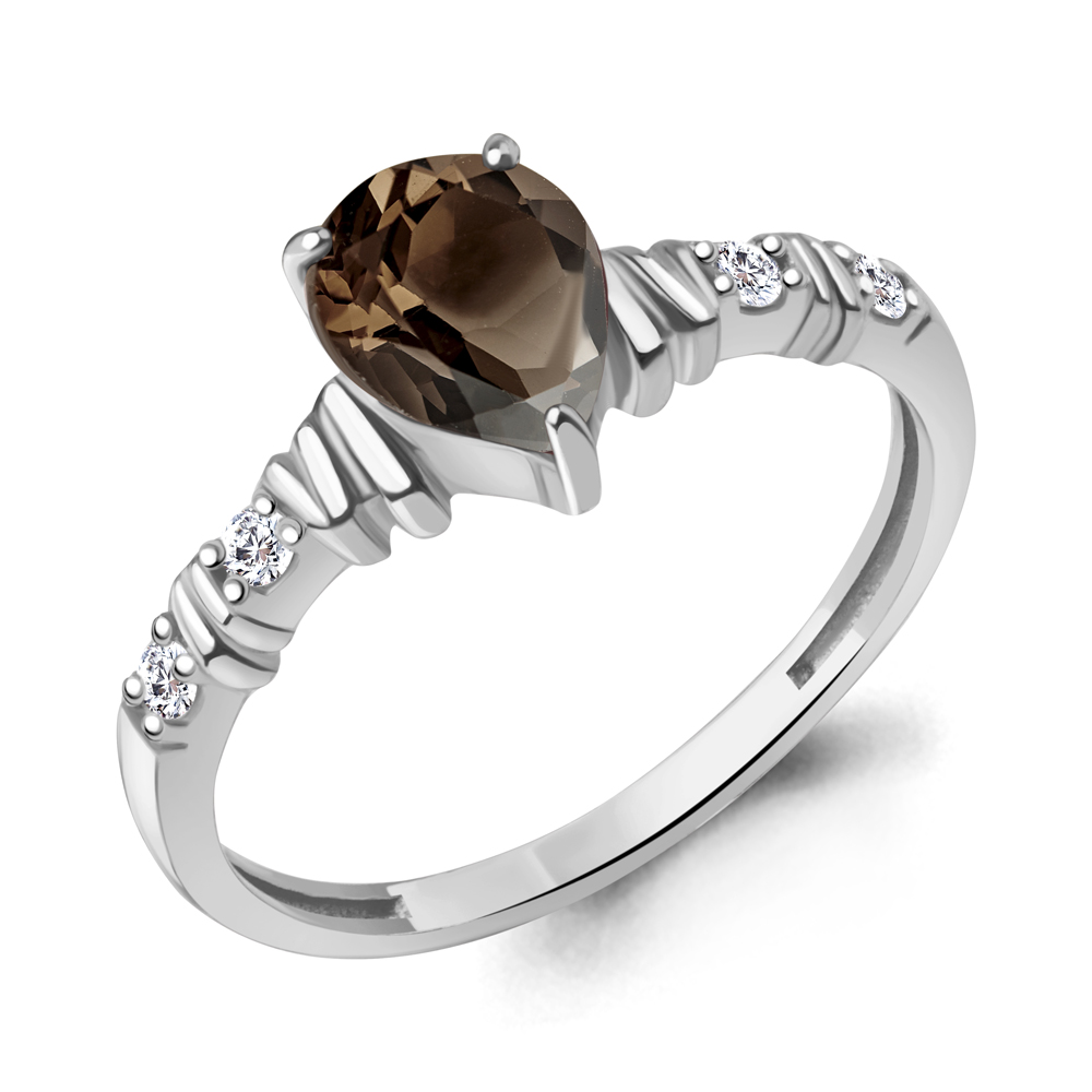 65032701А Кольцо из Серебра с кварцем дымчатым, фианитами