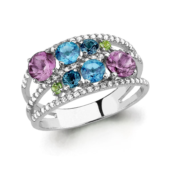 6509152А Кольцо из Серебра с аметистами, топазами лондон блю, топазами свисс блю, фианитами, хризолитами