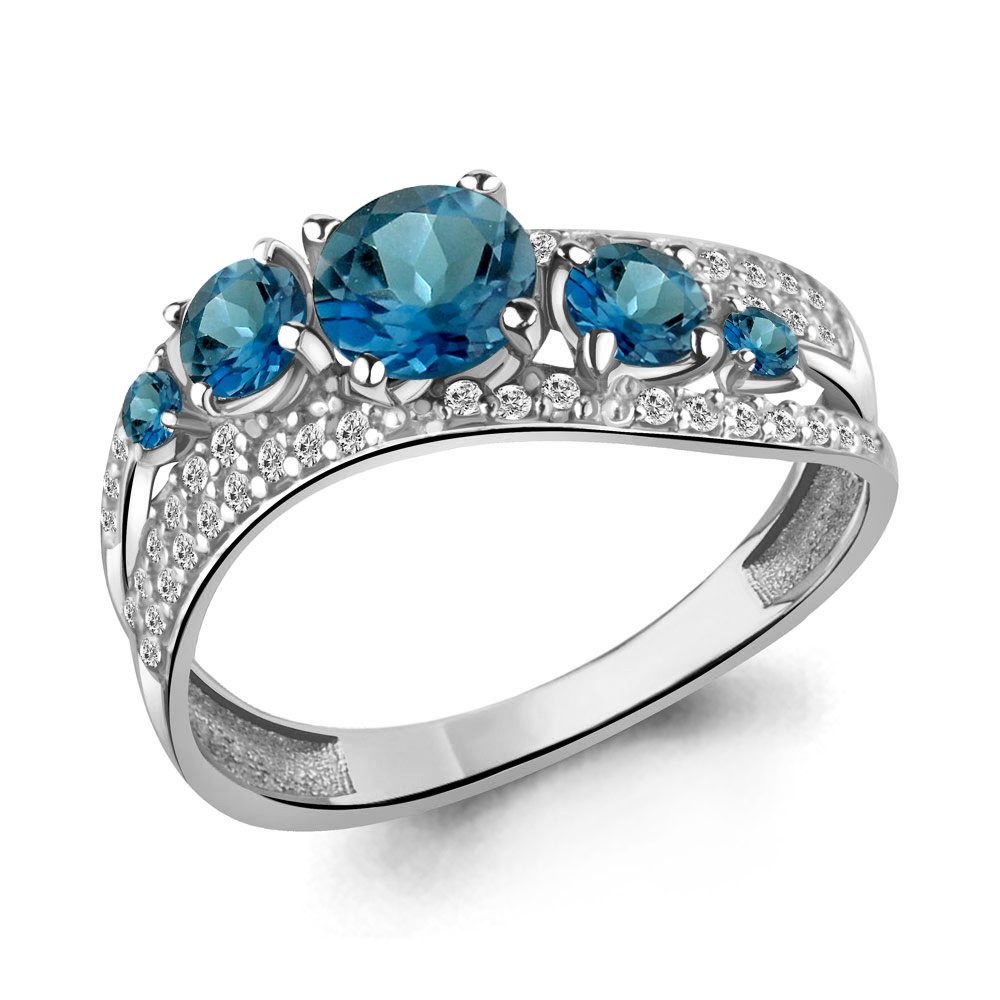 6509708А Кольцо из Серебра с топазами лондон блю, фианитами