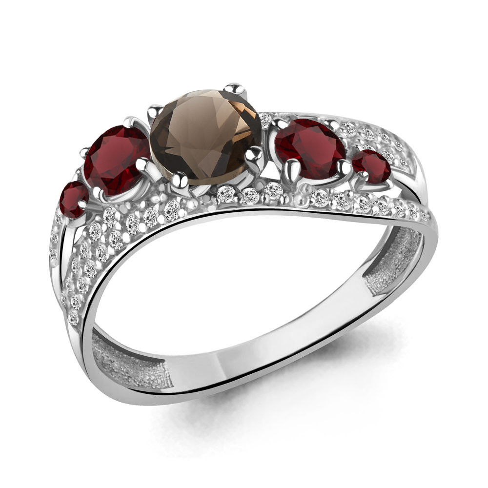 6509736А Кольцо из Серебра с гранатами, кварцем дымчатым, фианитами