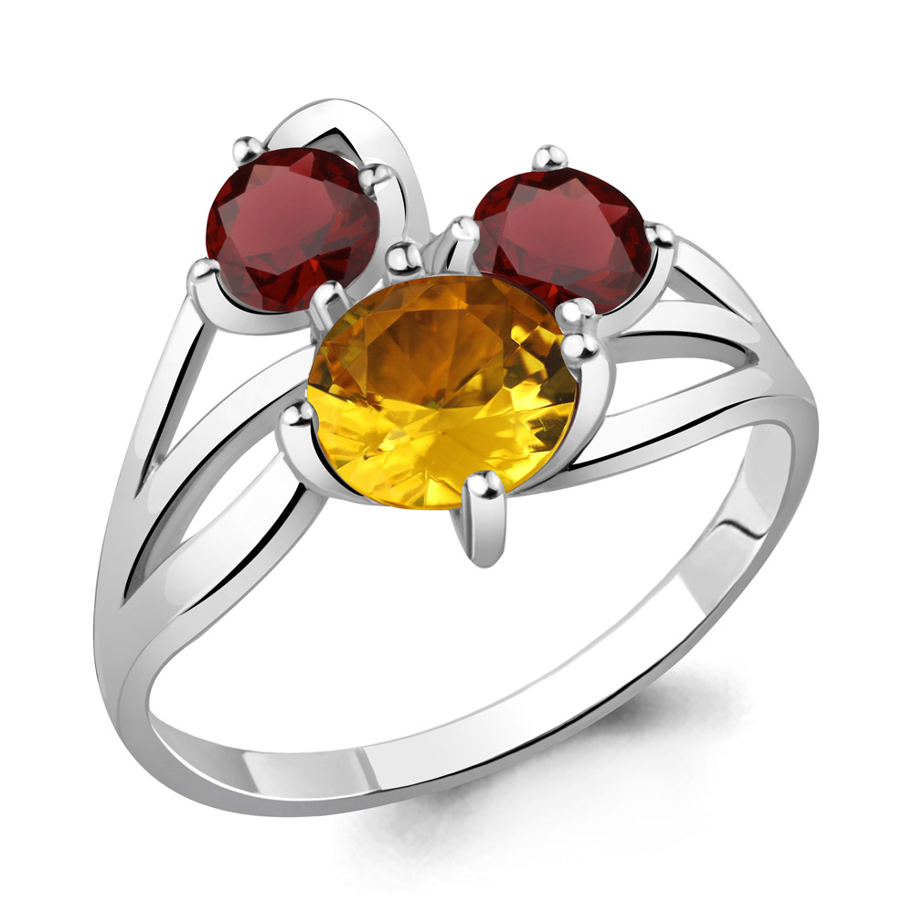 6513634 Кольцо из Серебра с гранатами, цитрином