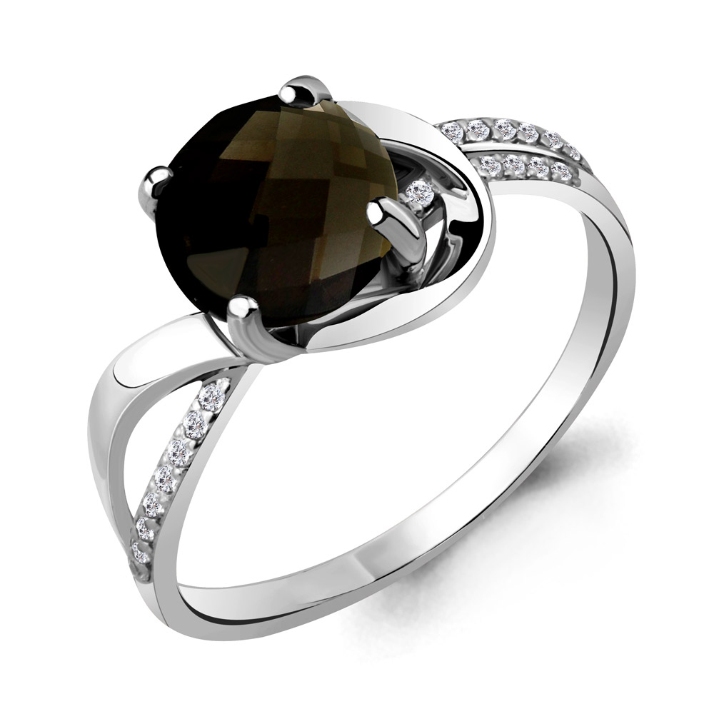 6527601А Кольцо из Серебра с кварцем дымчатым, фианитами