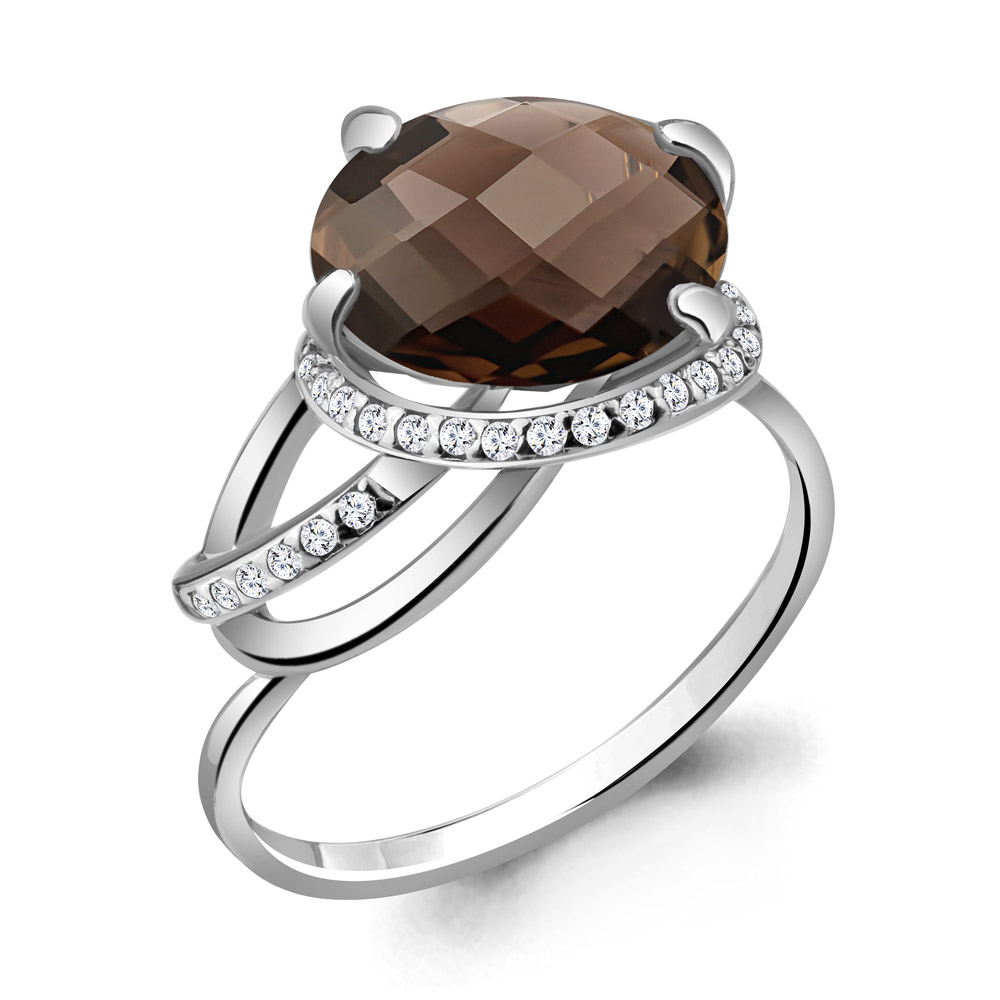 6534301А Кольцо из Серебра с кварцем дымчатым, фианитами