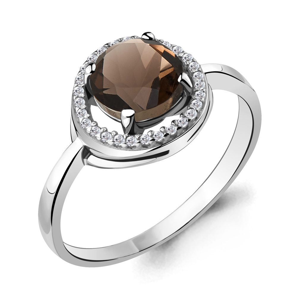 6535301А Кольцо из Серебра с кварцем дымчатым, фианитами