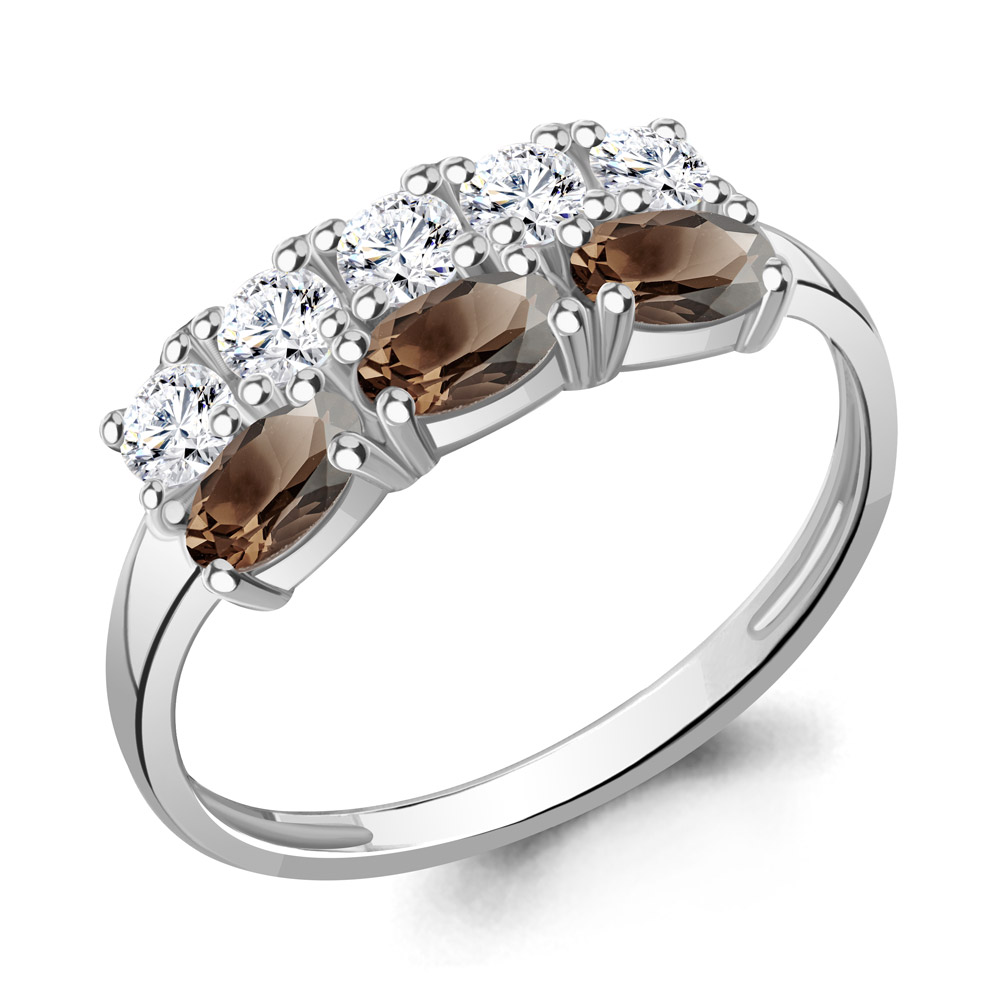 6535501 Кольцо из Серебра с кварцами дымчатыми, фианитами
