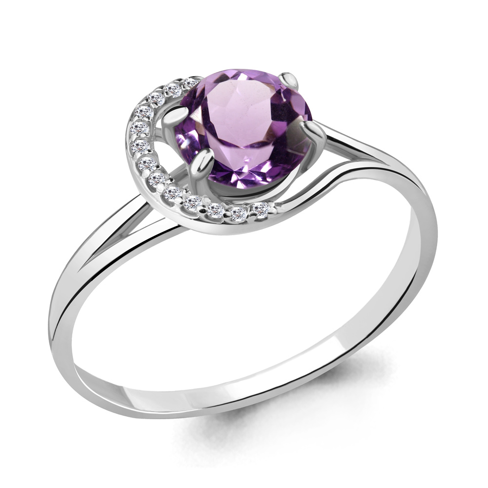 6539604А Кольцо из Серебра с аметистом, фианитами