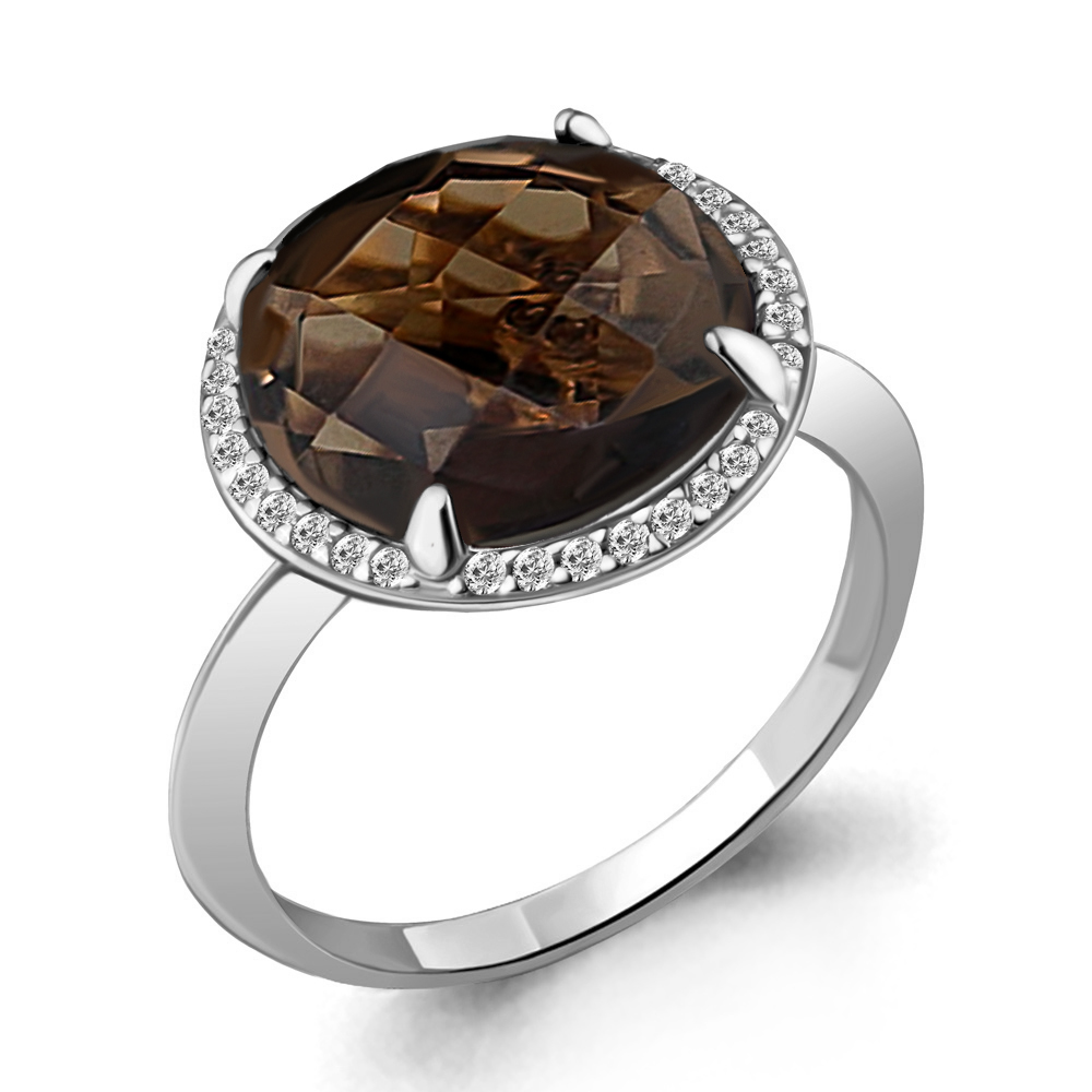 6543101А Кольцо из Серебра с кварцем дымчатым, фианитами