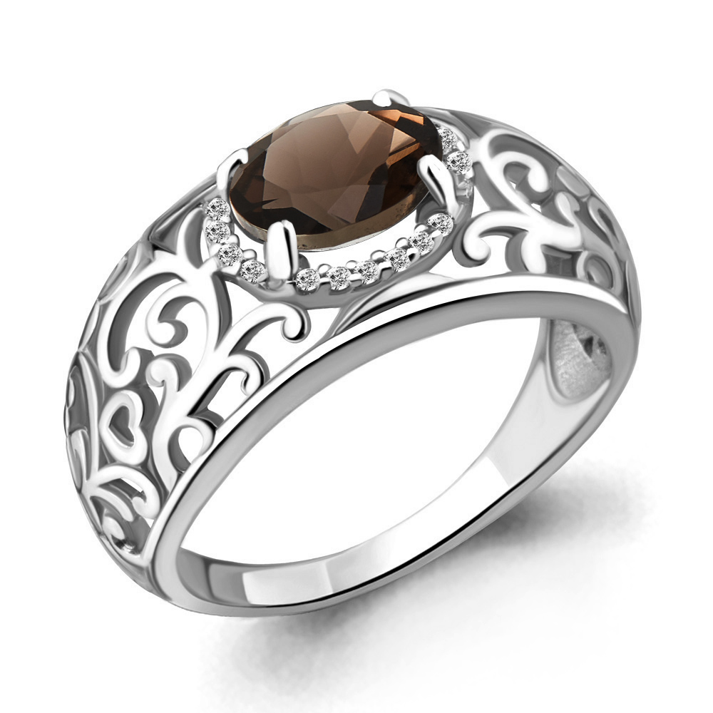 6543401А Кольцо из Серебра с кварцем дымчатым, фианитами