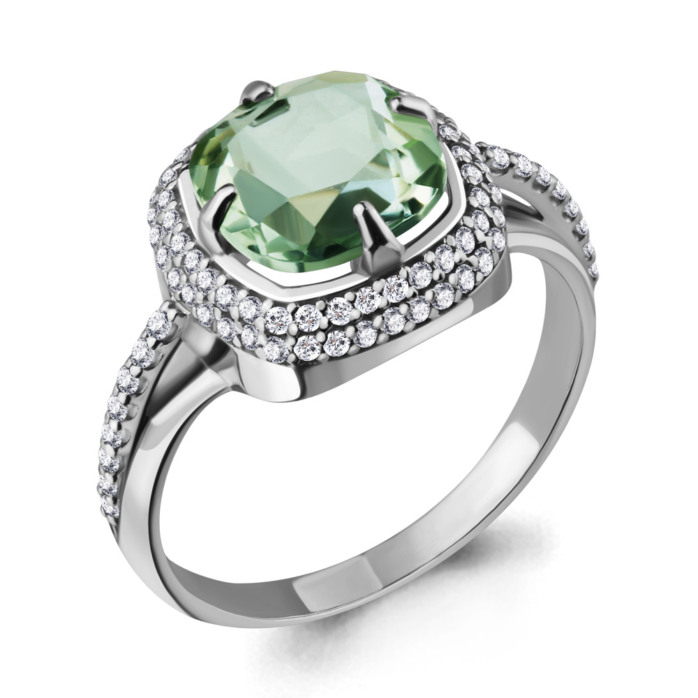 6548115А Кольцо из Серебра с празиолитом (грин аметистом), фианитами из коллекции "Фруктовый лёд"