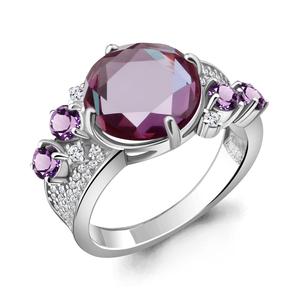 6548528А Кольцо из Серебра с александритом иск., аметистами, фианитами