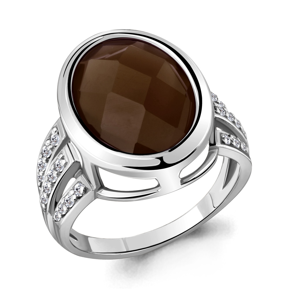 6550401А Кольцо из Серебра с кварцем дымчатым, фианитами