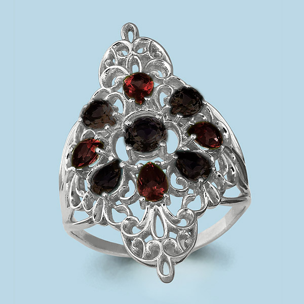 6554801 Кольцо из Серебра с гранатами, кварцами дымчатыми