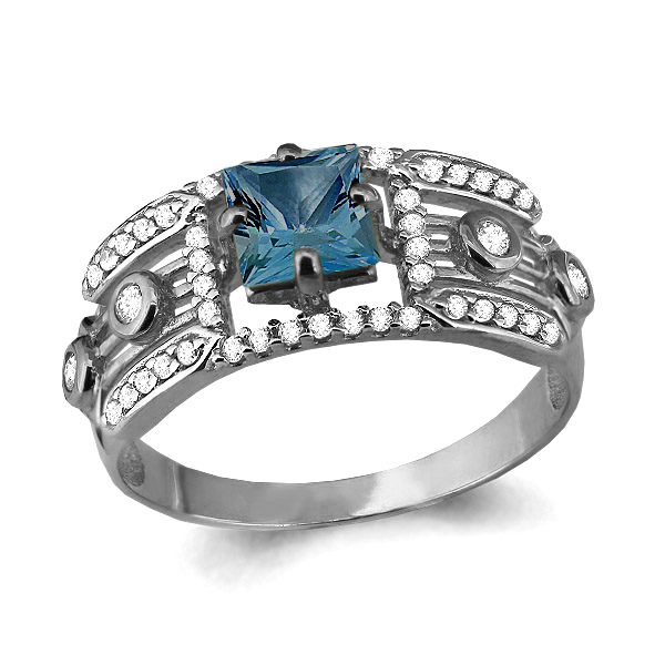6557108А Кольцо из Серебра с топазом лондон блю, фианитами из коллекции "Ар-Деко"
