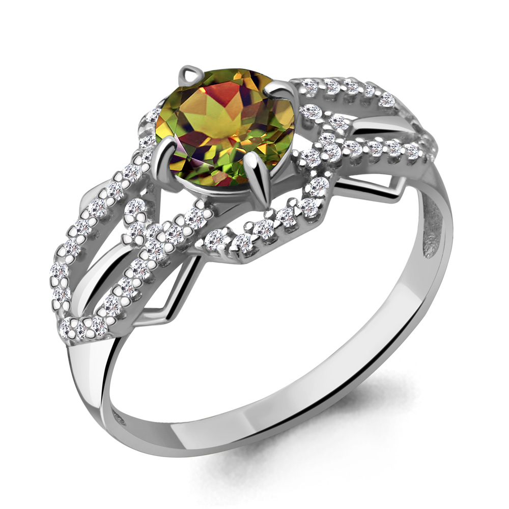 6557819А Кольцо из Серебра с султанитом иск., фианитами из коллекции "Ар-Деко"