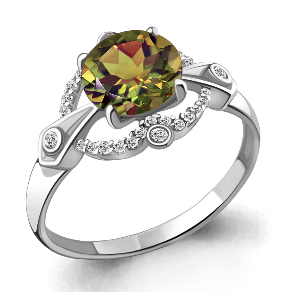 6558719А Кольцо из Серебра с султанитом иск., фианитами из коллекции "Ар-Деко"