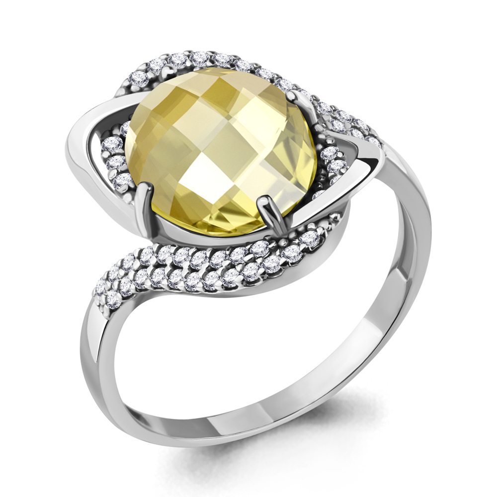 6560411 Кольцо из Серебра с кварцем лимонным, фианитами из коллекции "Камелия"