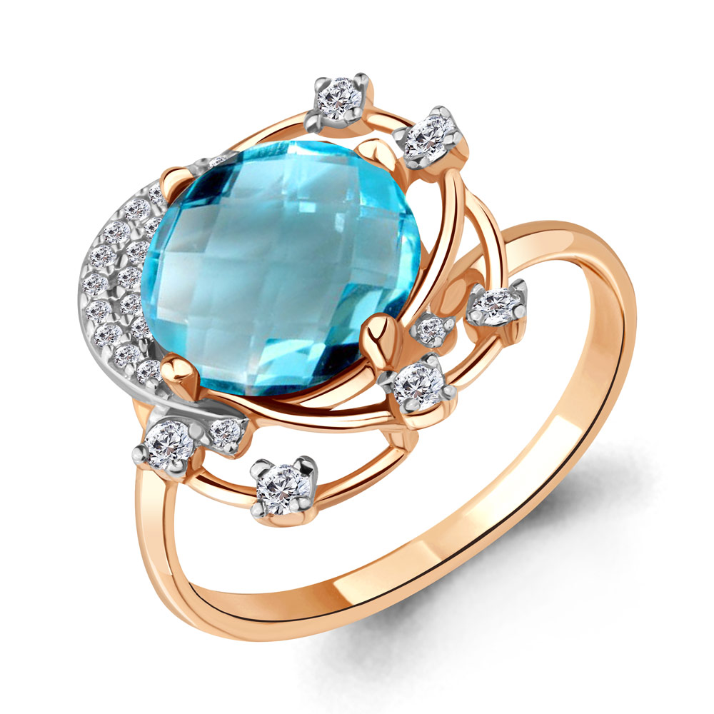 6560902А Кольцо из Золота с топазом скай блю, фианитами из коллекции "Камелия"