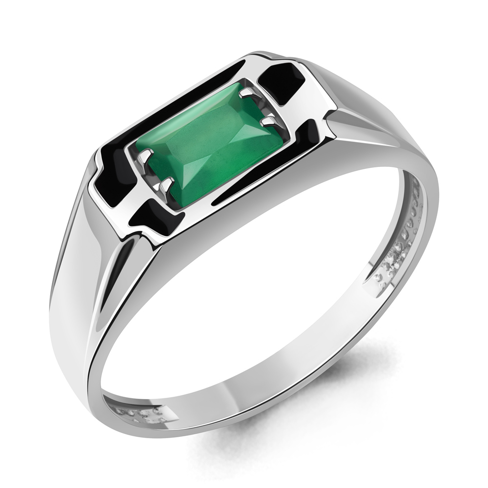 6562109 Кольцо из Серебра с агатом зеленым, эмалью