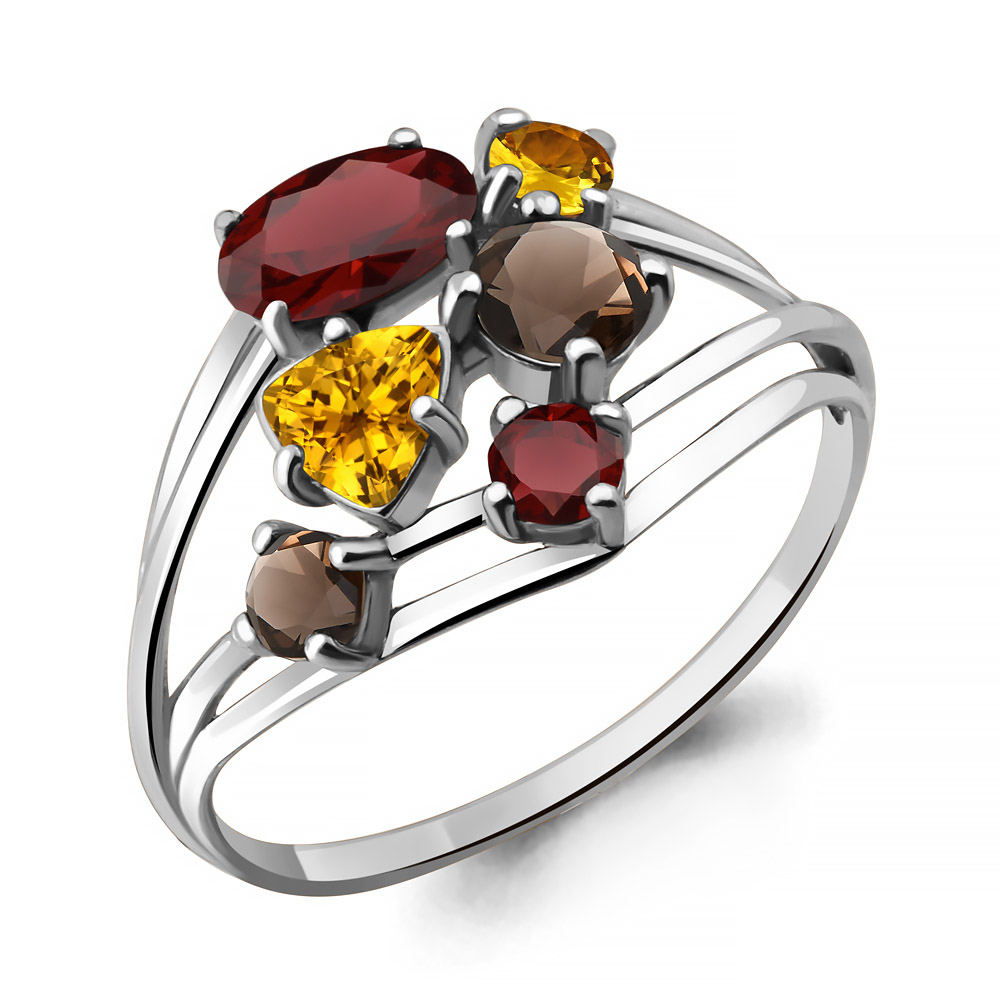 6562647 Кольцо из Серебра с гранатами, кварцами дымчатыми, цитринами из коллекции "Алиса"