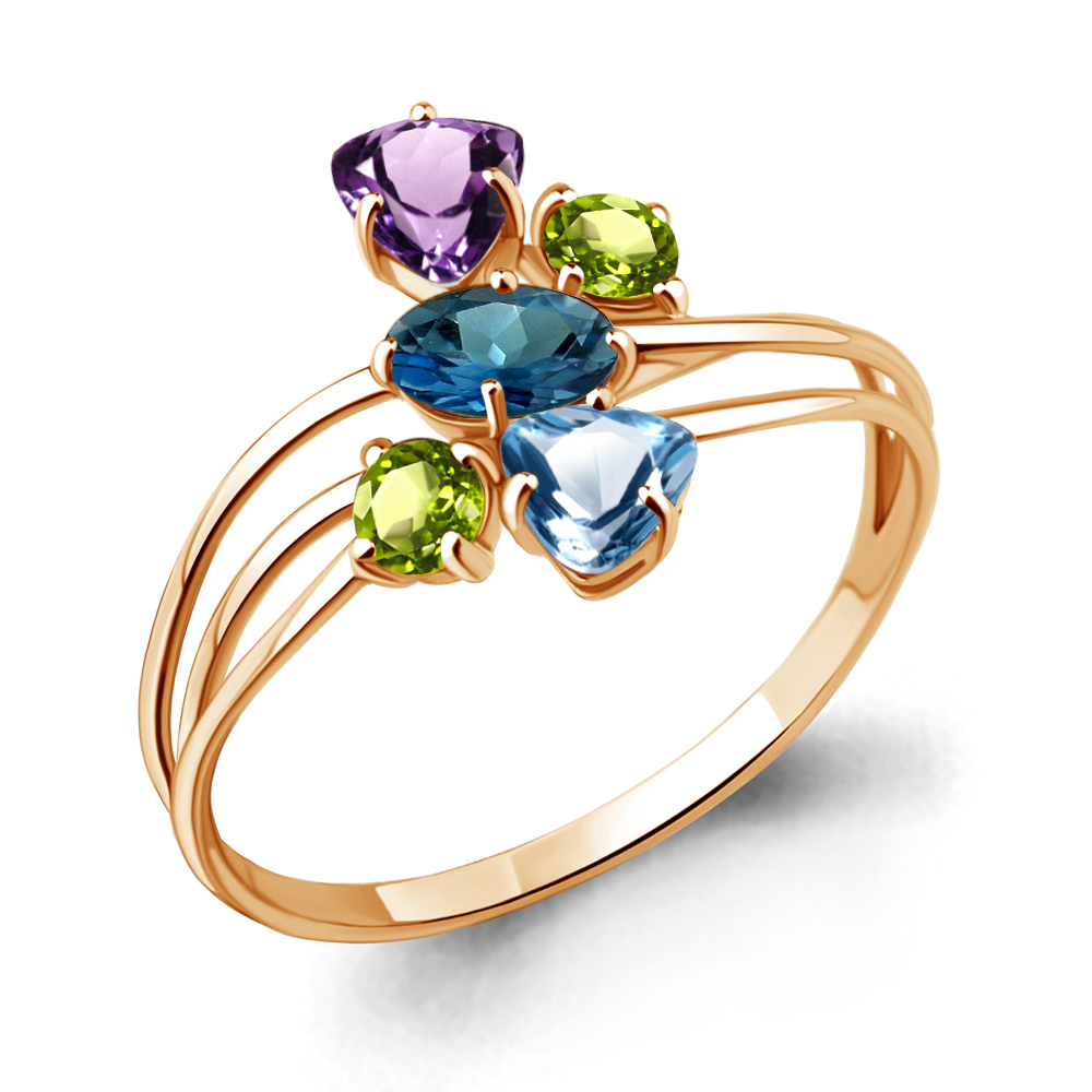 6562752 Кольцо из Золота с аметистом, топазом лондон блю, топазом свисс блю, хризолитами из коллекции "Алиса"