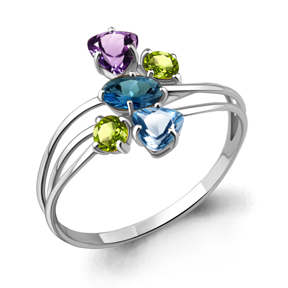 6562752 Кольцо из Серебра с аметистом, топазом лондон блю, топазом свисс блю, хризолитами из коллекции "Алиса"