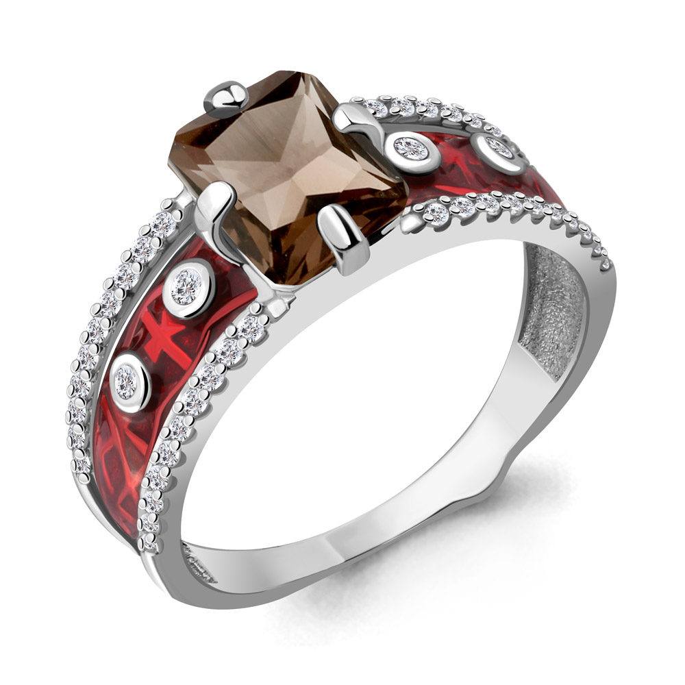 6565801А Кольцо из Серебра с кварцем дымчатым, фианитами, эмалью из коллекции "Rio"