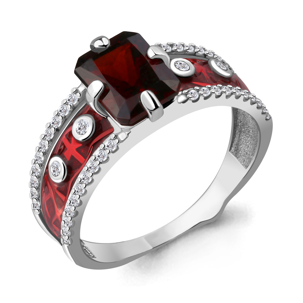 6565803А Кольцо из Серебра с гранатом, фианитами, эмалью из коллекции "Rio"